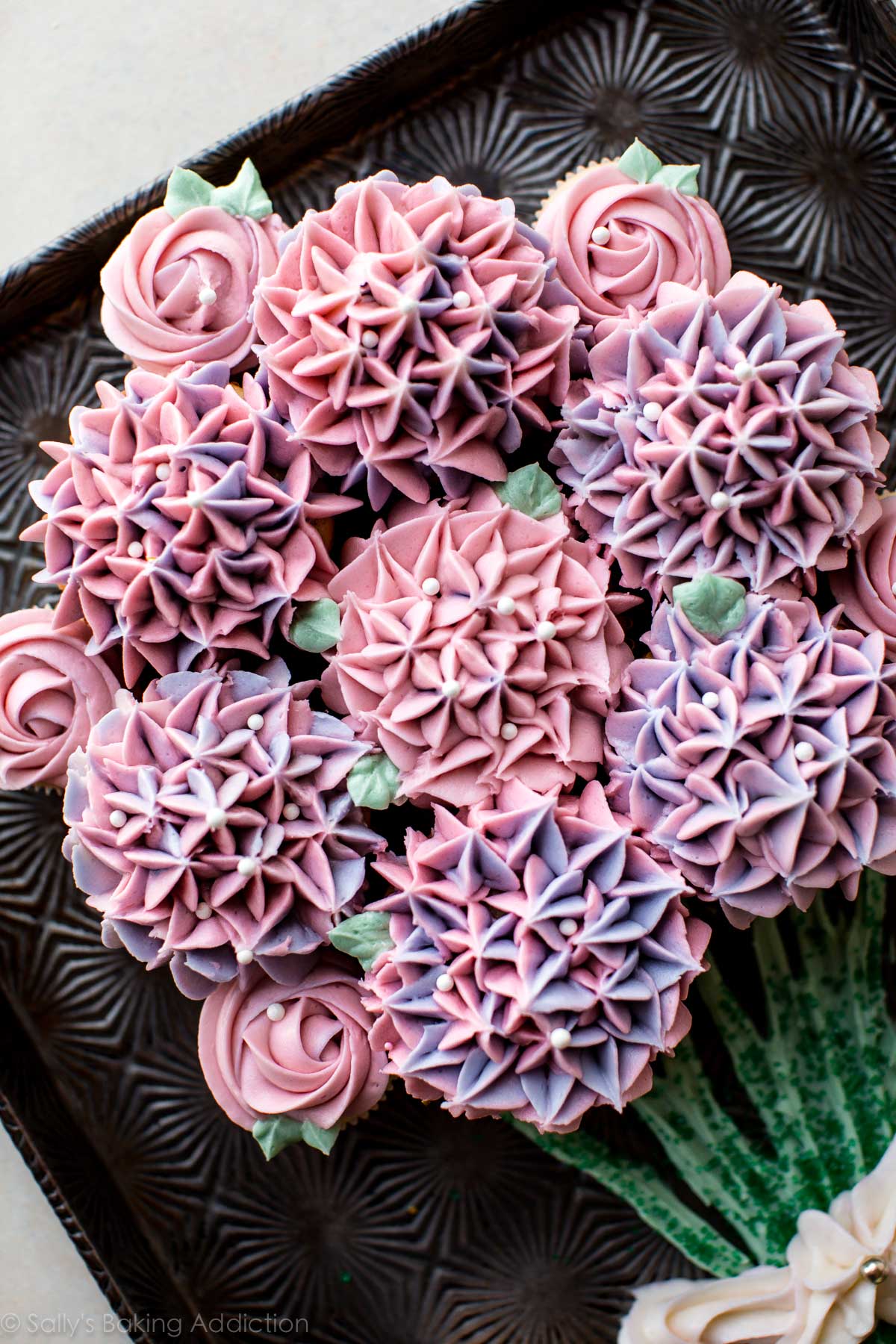 cupcake bouquet on a baking sheet