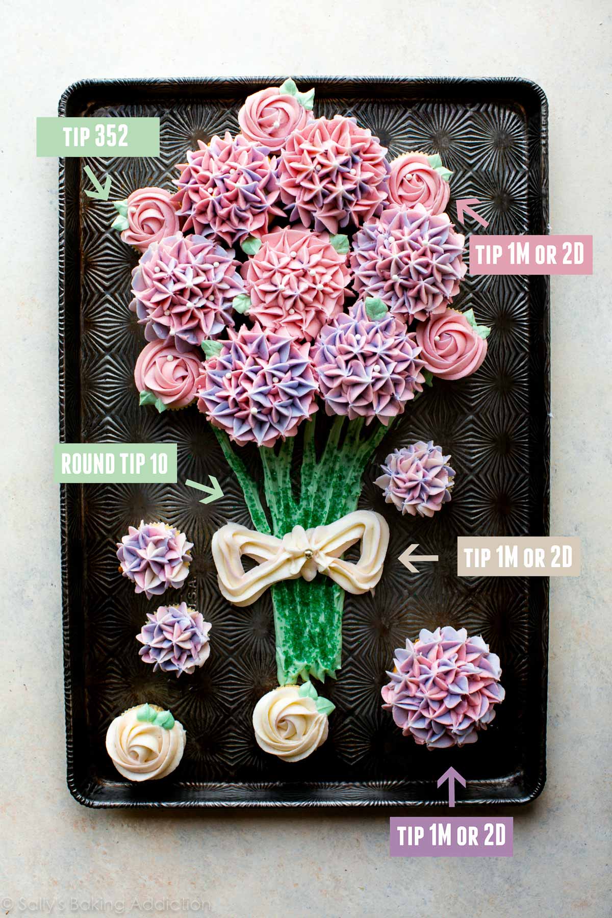cupcake bouquet on a baking sheet with text overlay indicating piping tips