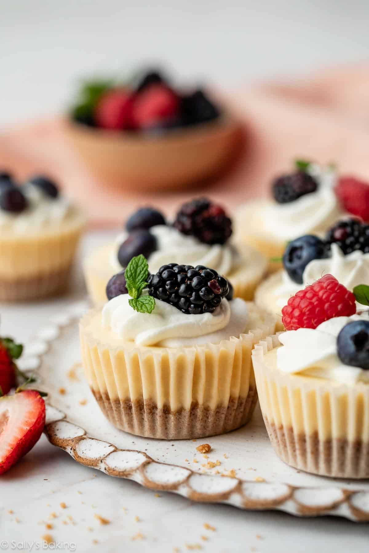 mini cheesecakes with whipped cream, fresh berries, and mint on top.