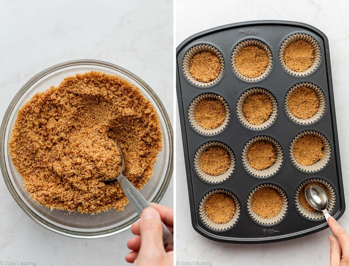 bowl of graham cracker crust mixture and shown again being pressed into muffin pan.