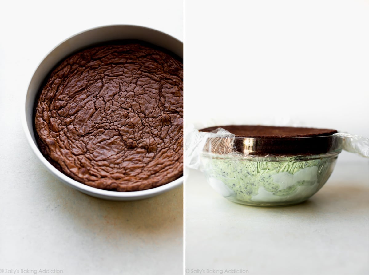 2 images of baked brownie in a pan and placing brownie layer onto ice cream in a bowl