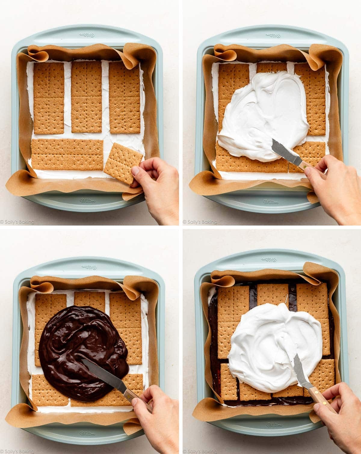 steps of assembling graham crackers, marshmallow, and chocolate cake.