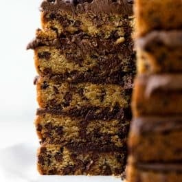 chocolate chip cookie layer cake showing the inside