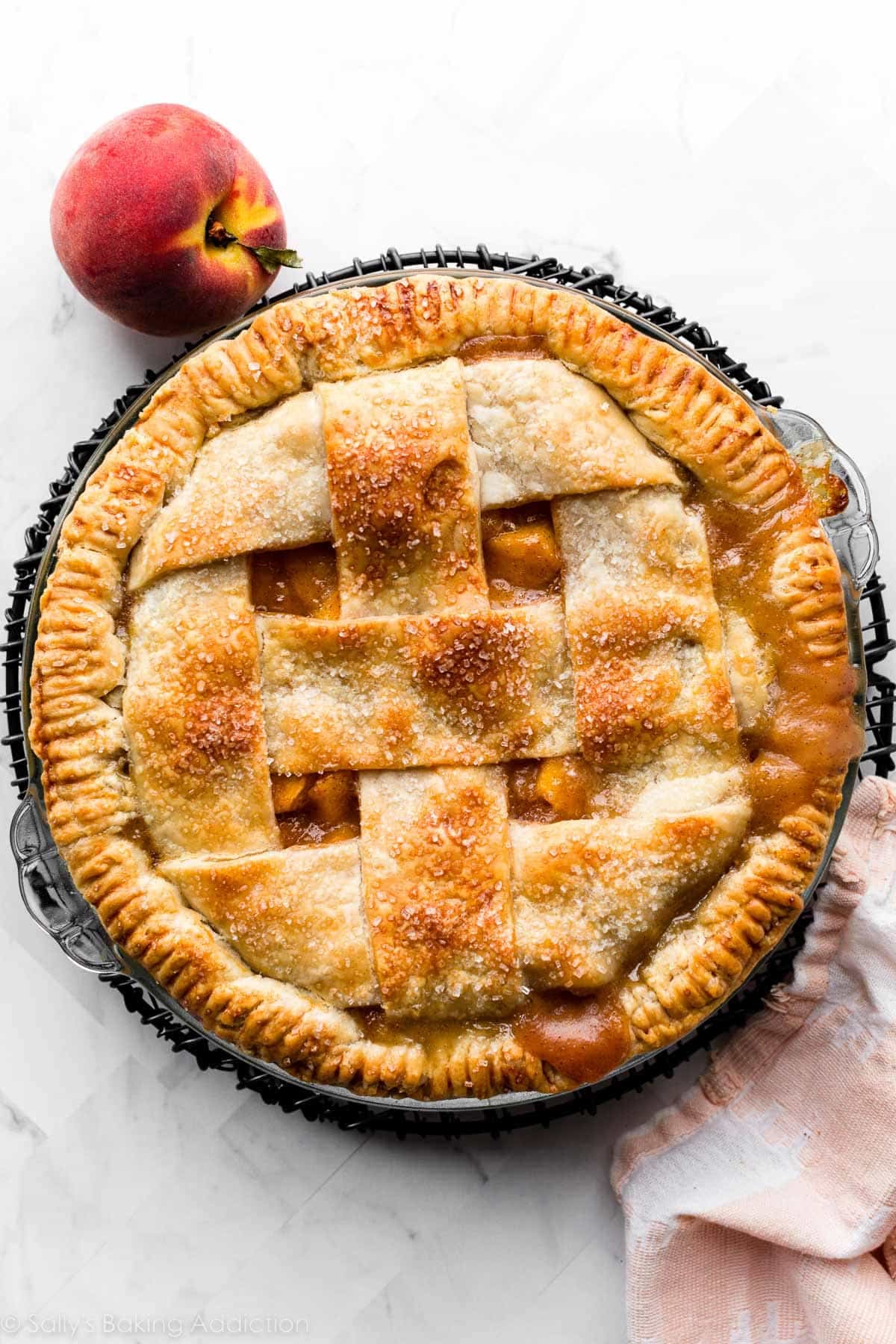 peach pie with lattice top.