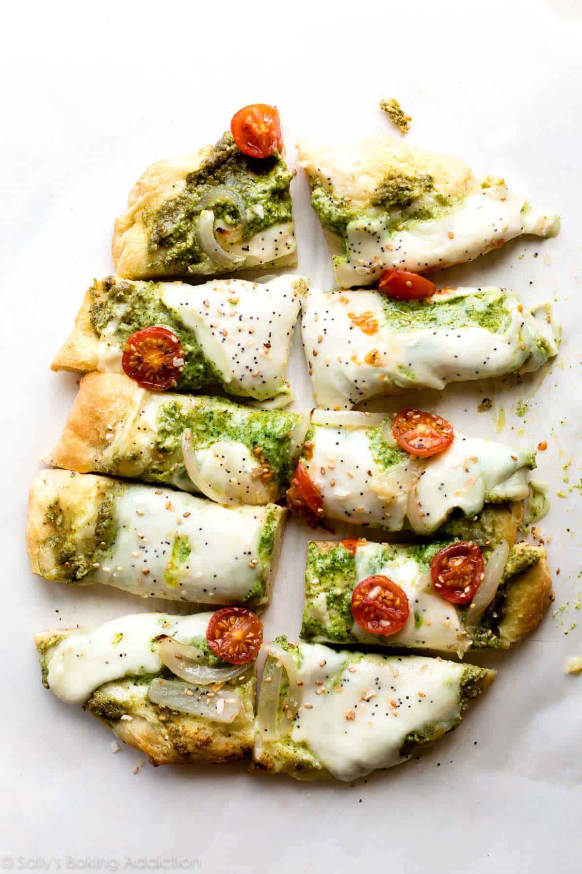 flatbread with pesto, tomatoes, and cheese
