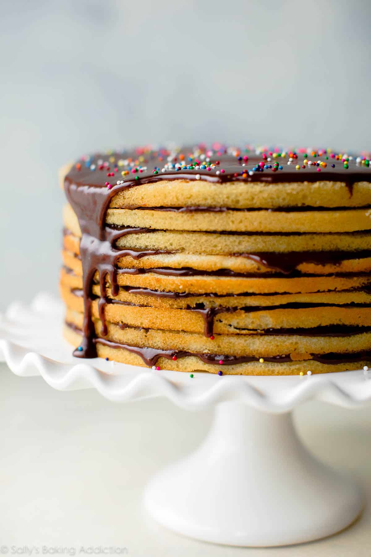 Smith Island cake on a white cake stand