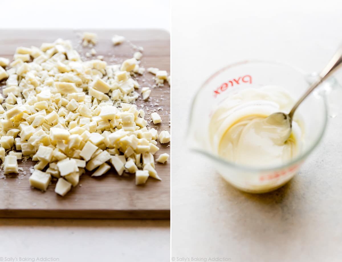 2 images of chopped white chocolate and melted white chocolate in a glass measuring cup