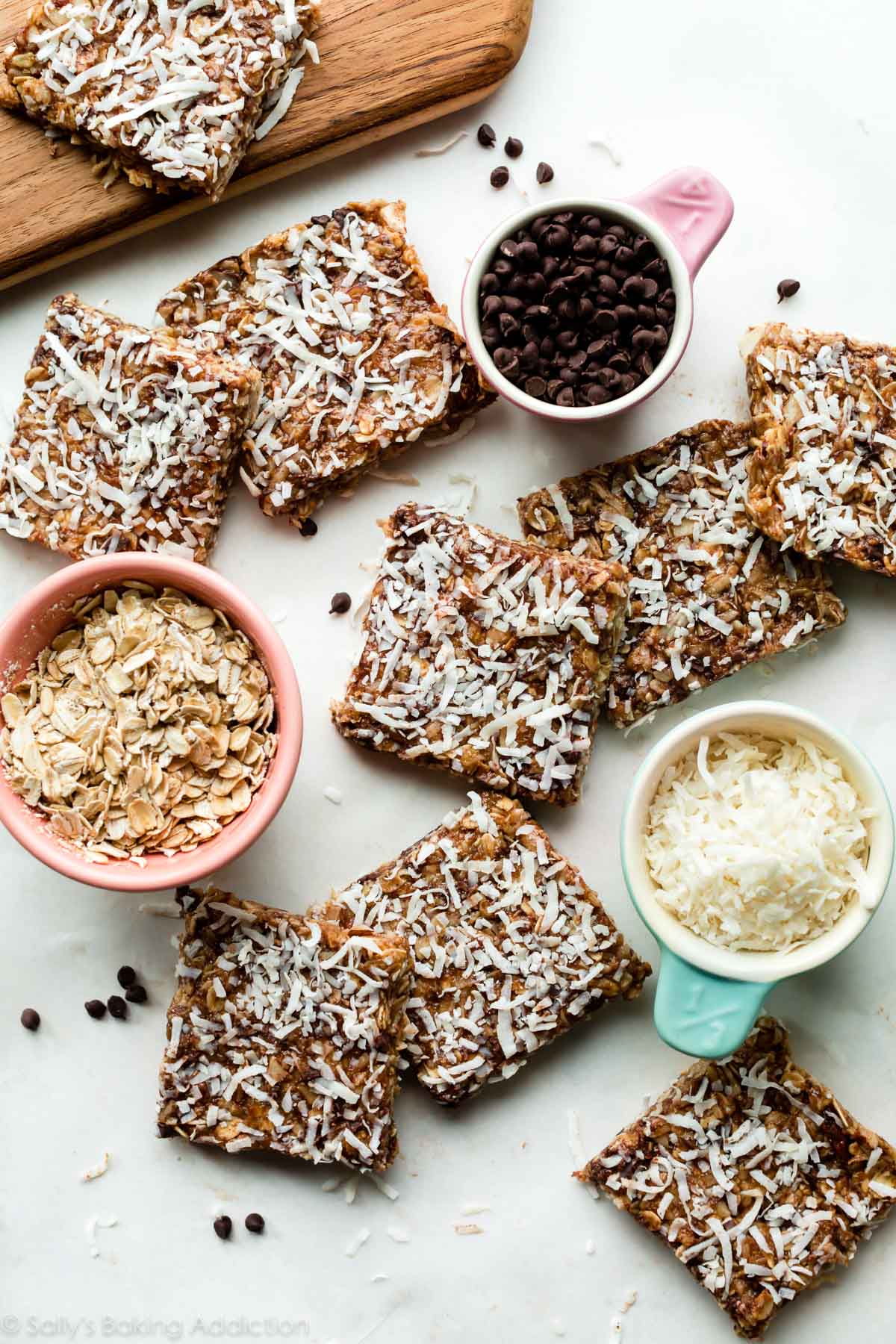 overhead image of no-bake coconut granola bars