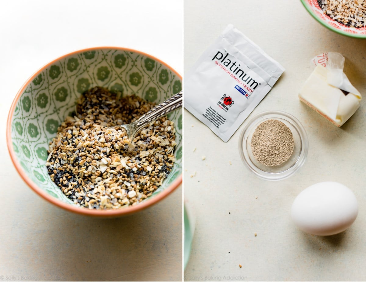 2 images of everything bagel seasoning in a bowl and ingredients for everything bagel bread