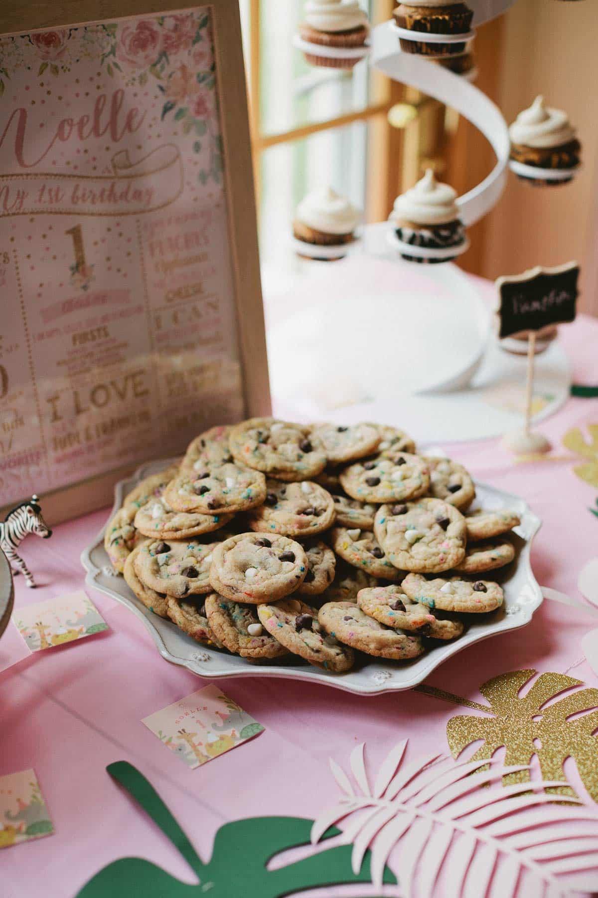 cake batter chocolate chip cookies on a white plate