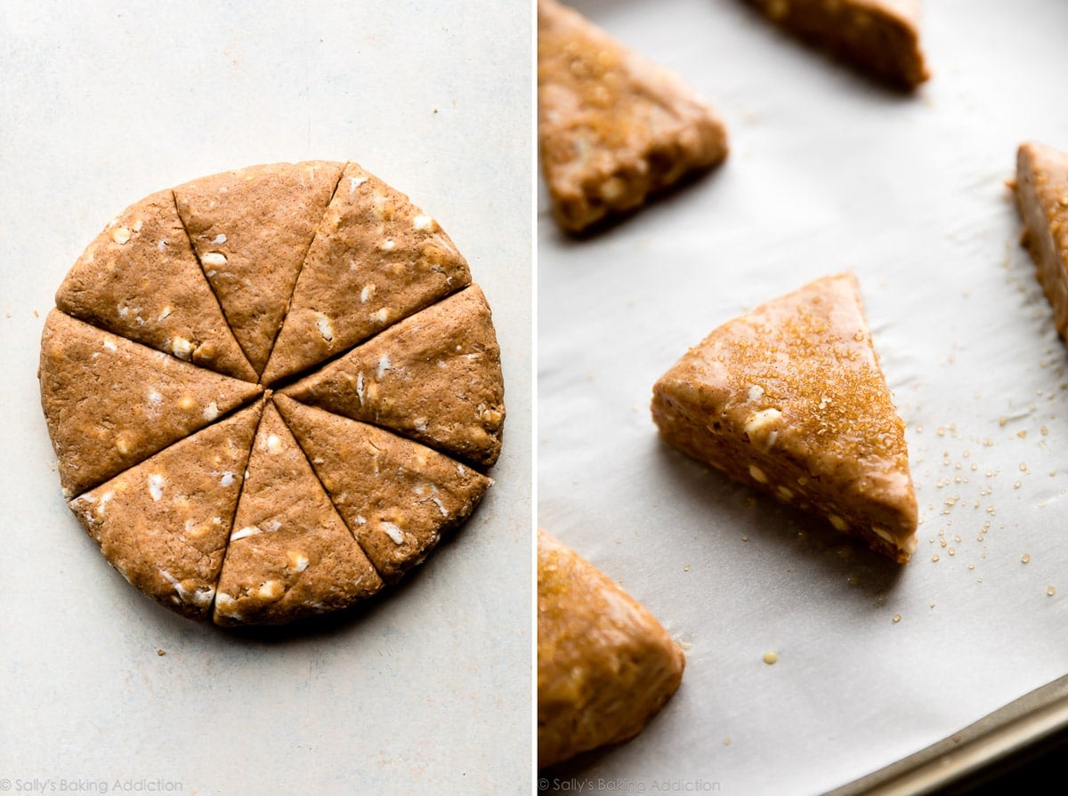 2 images of pumpkin scone dough shaped into a circle and cut into trianges
