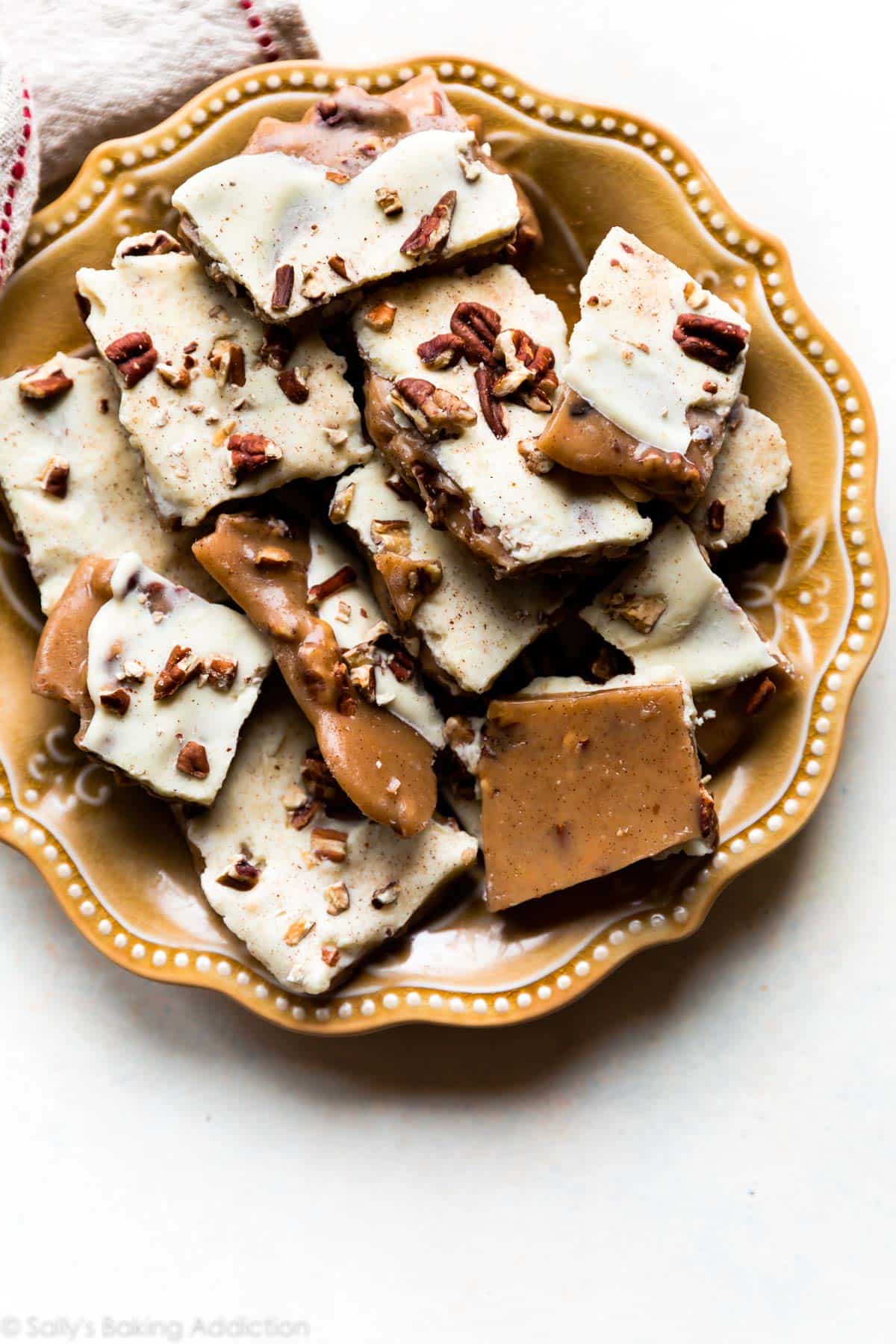 pumpkin spice toffee on a gold plate