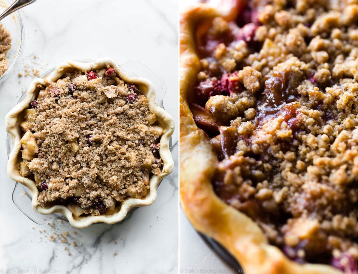 2 images of brown sugar crumble topping for cranberry pear pie