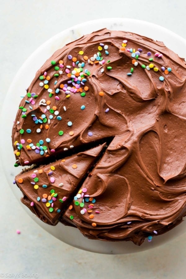 chocolate cream cheese frosting on cake.