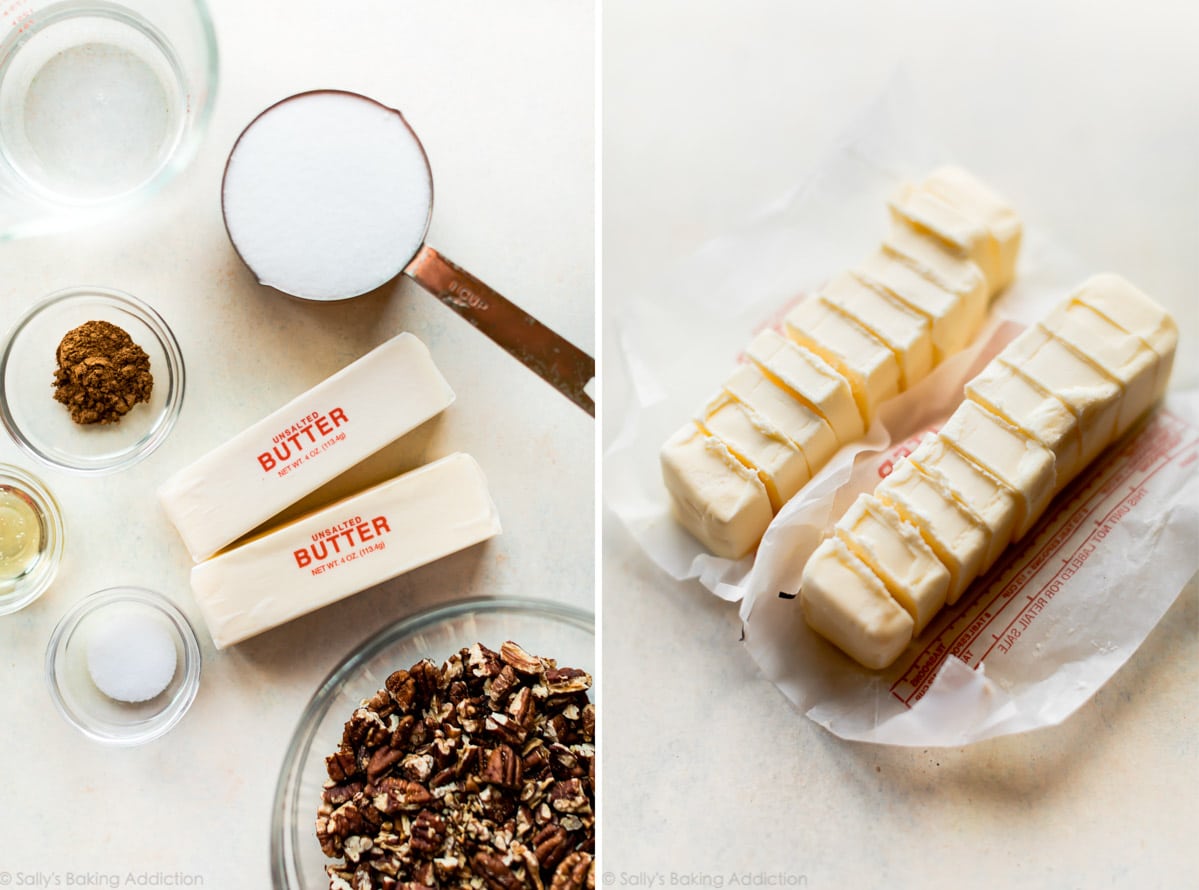 2 images of ingredients for pumpkin spice toffee and 2 sliced sticks of butter