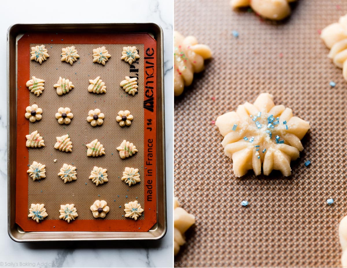 Butter spritz cookies on a baking sheet
