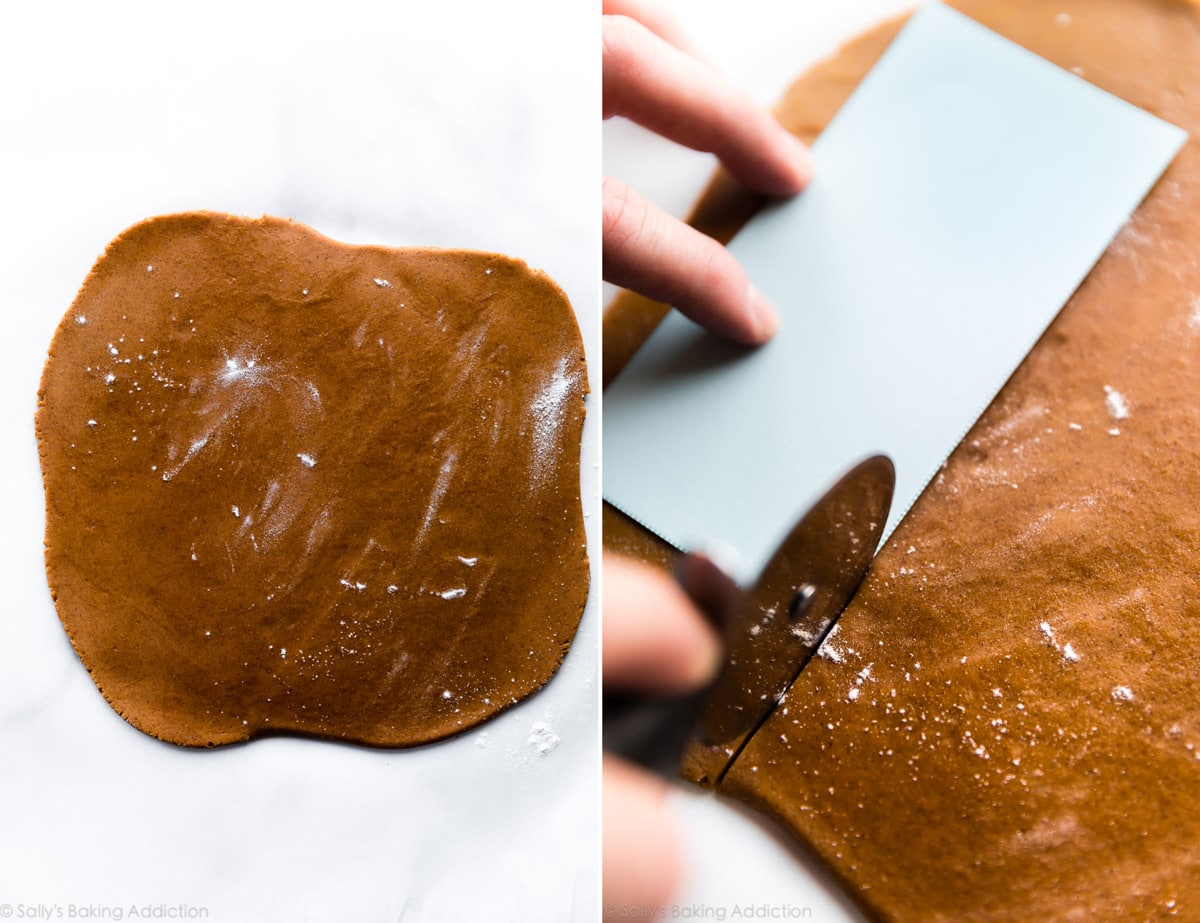 2 images of rolled out gingerbread house cookie dough and cutting out a cookie dough shape
