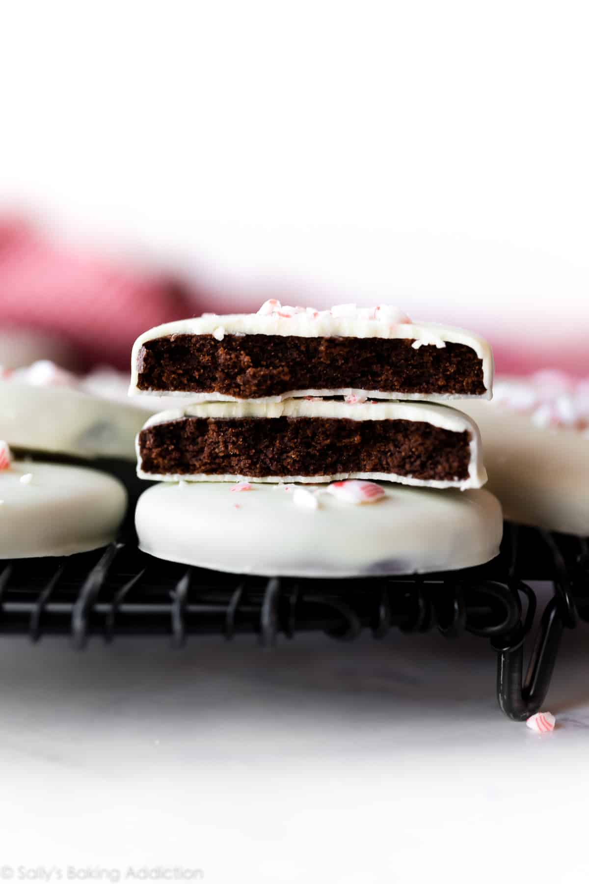 stack of peppermint bark cookies on a cooling rack