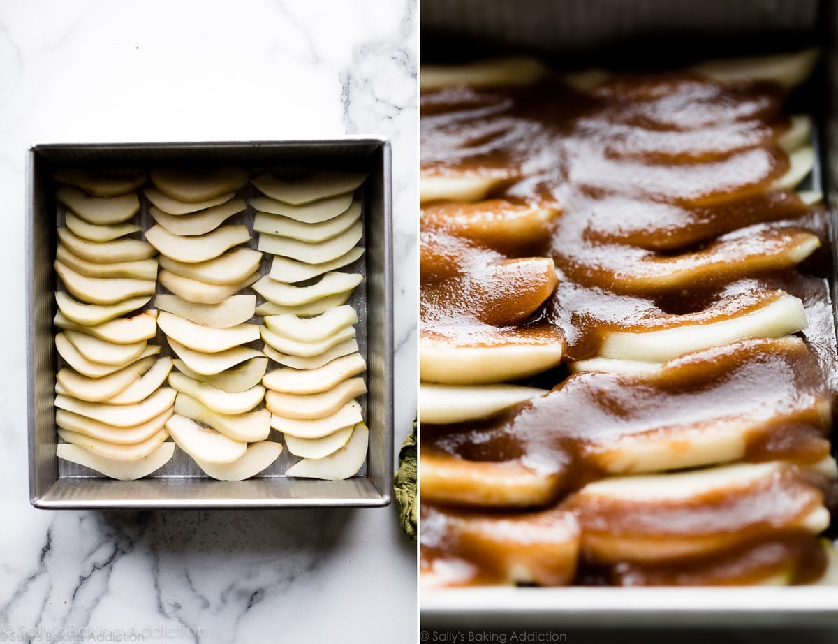 2 images of pears in the bottom of a square baking dish and cake batter on top of pears before baking