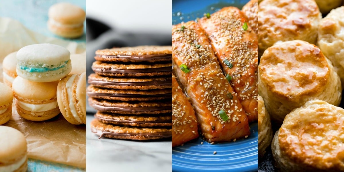 collage of 8 ingredient or less recipes including macarons, lace cookies, maple sesame salmon, and buttermilk biscuits