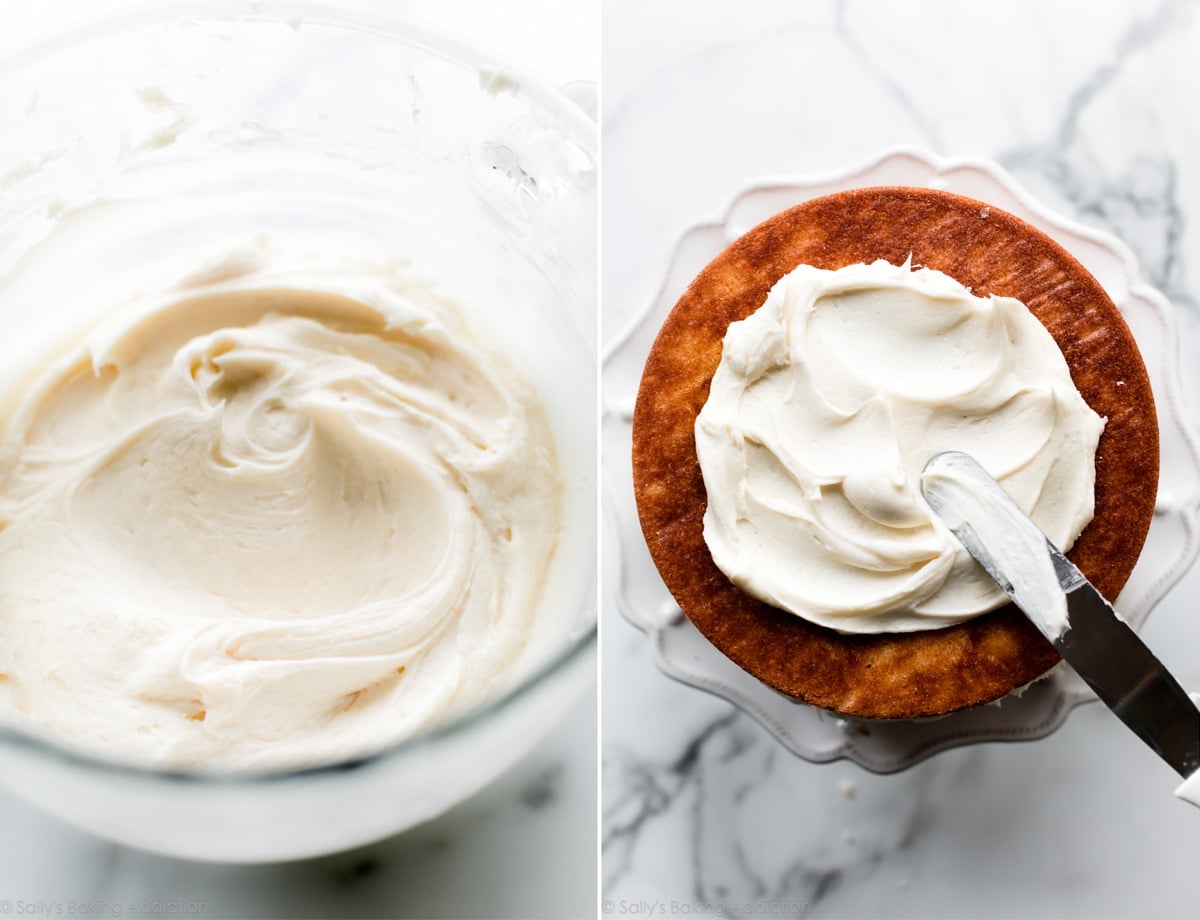 2 images of vanilla frosting in a glass bowl and spreading vanilla frosting on vanilla cake