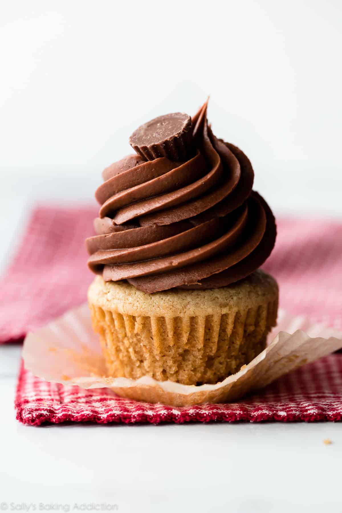 Peanut butter cupcake with swirl of chocolate peanut butter frosting and a peanut butter cup on top