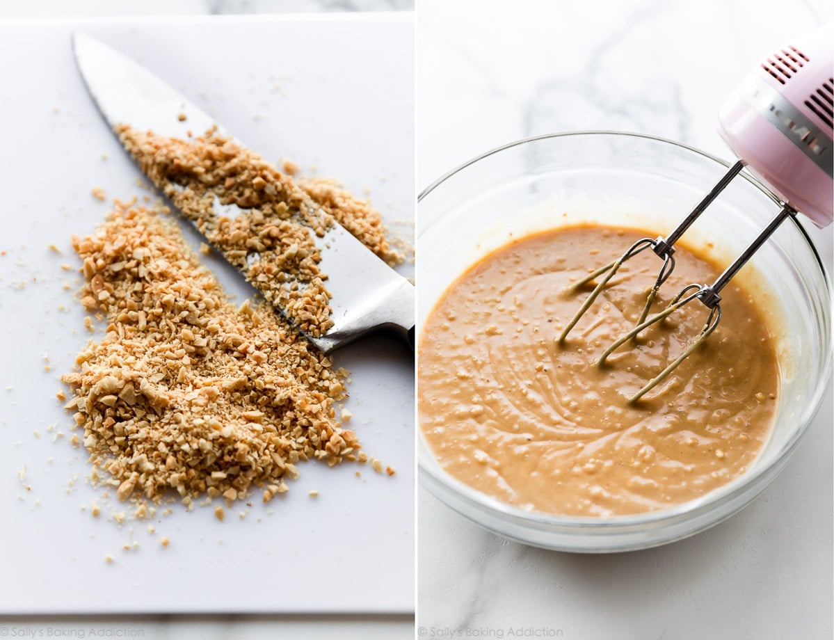 2 images of chopped peanuts on a cutting board and peanut butter cupcake batter in a glass bowl
