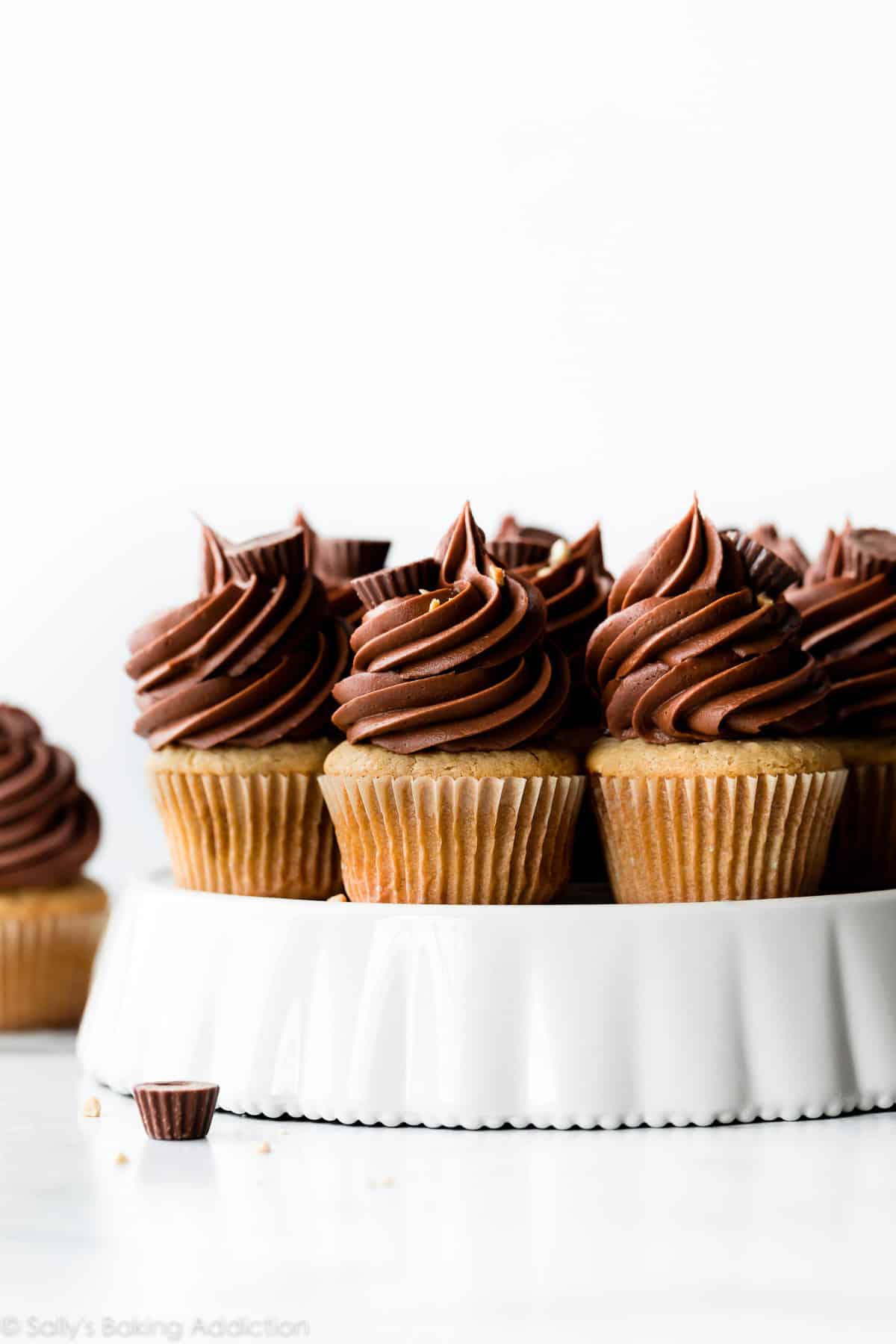 Peanut butter cupcakes with chocolate frosting on white cake pedestal