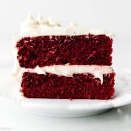 slice of red velvet cake on a white plate