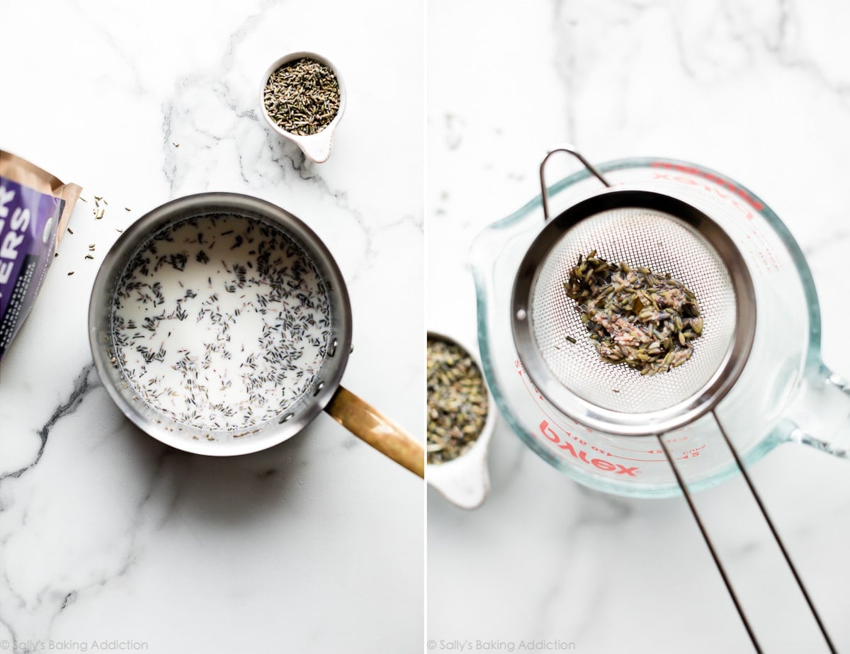 2 images of steeping lavender for lavender cake in a saucepan and in a sieve