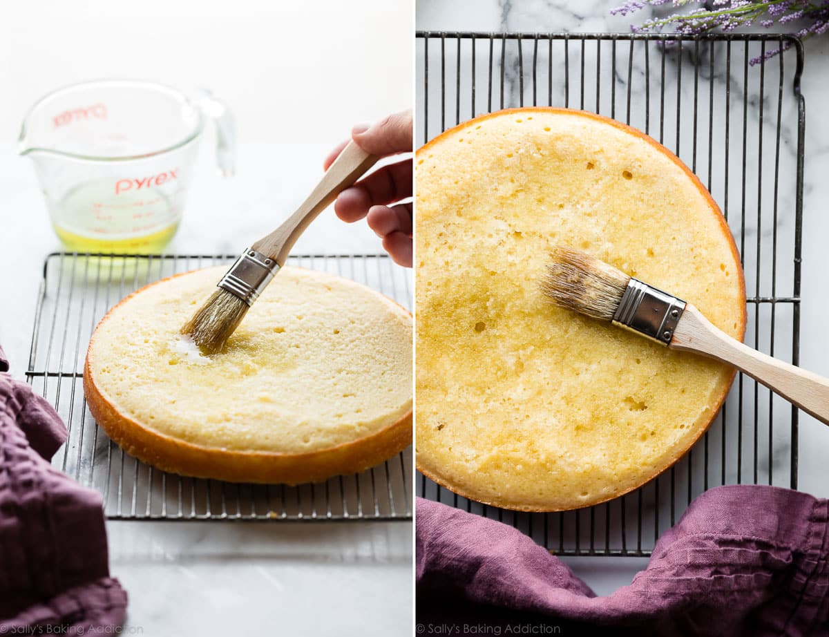 2 images of brushing lavender simple syrup on cake