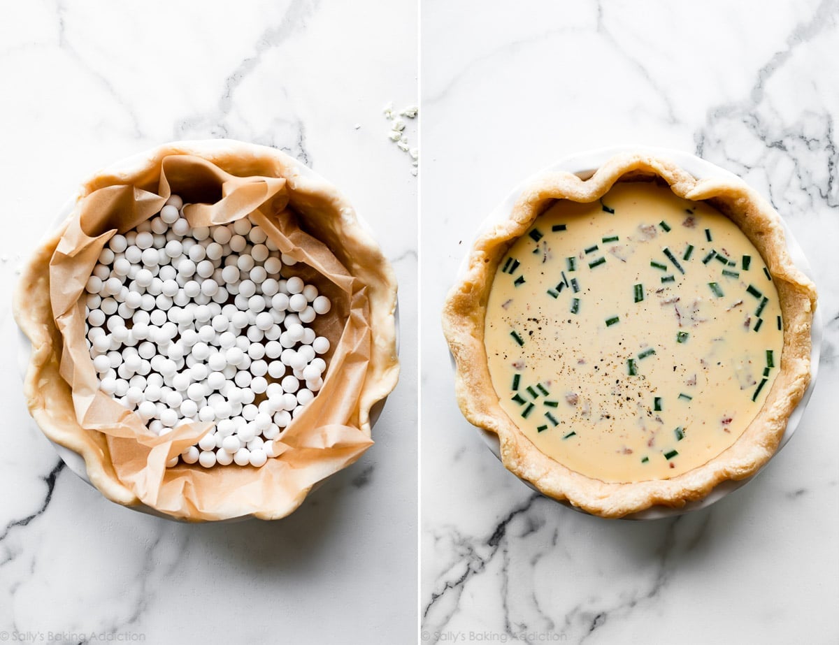 2 images of quiche pie crust with pie weights and quiche in pie crust