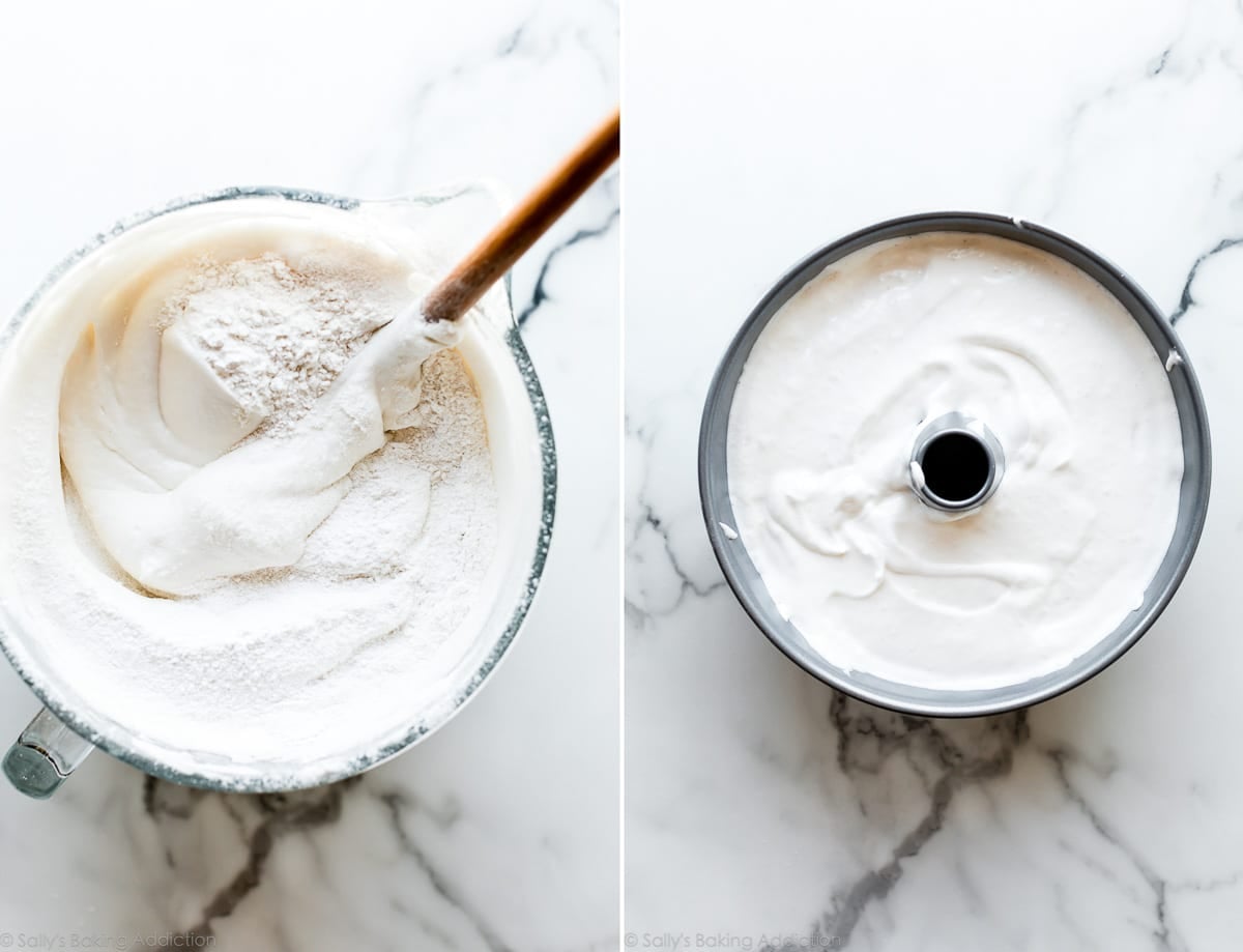2 images of angel food cake batter in mixing bowl and tube pan
