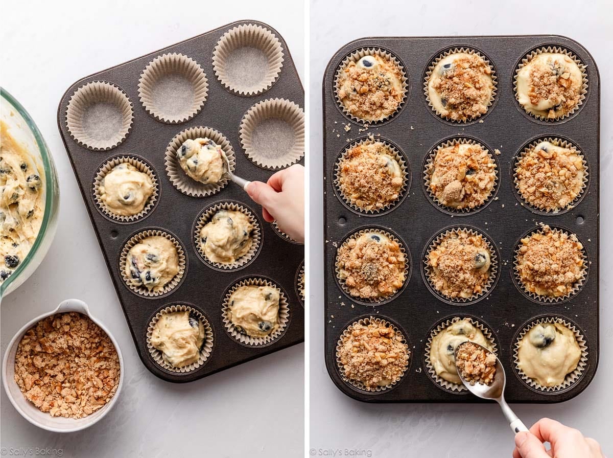 muffin batter being spooned into liners and topped with streusel.