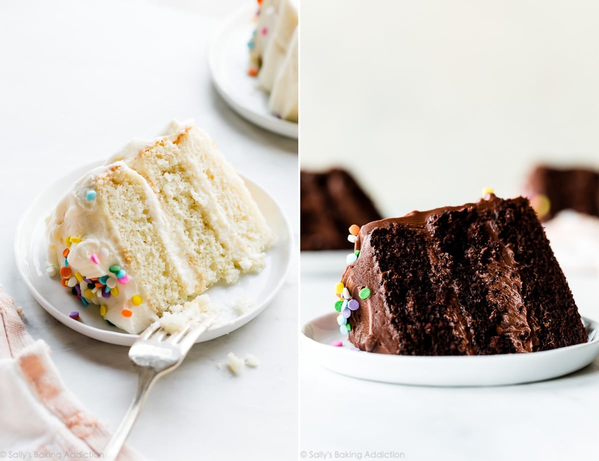 2 images of 6 inch vanilla cake and chocolate cake slices