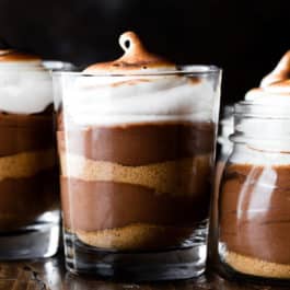 s'mores chocolate mousse in a glass cup