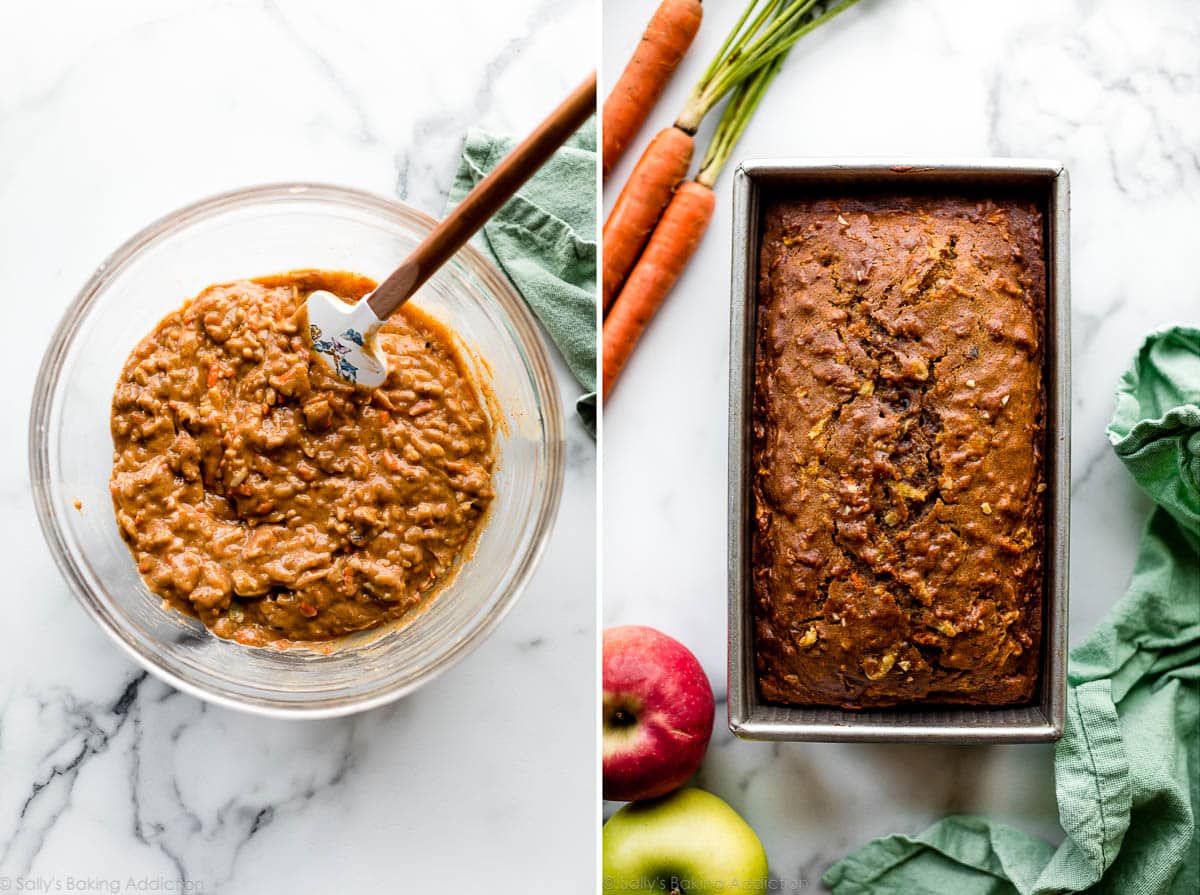 2 images of harvest spice bread batter in a bowl and baked loaf in a pan