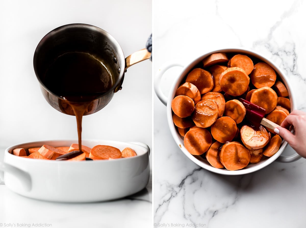 pouring brown sugar maple sauce on sweet potatoes and mixing the sauce into the sweet potatoes