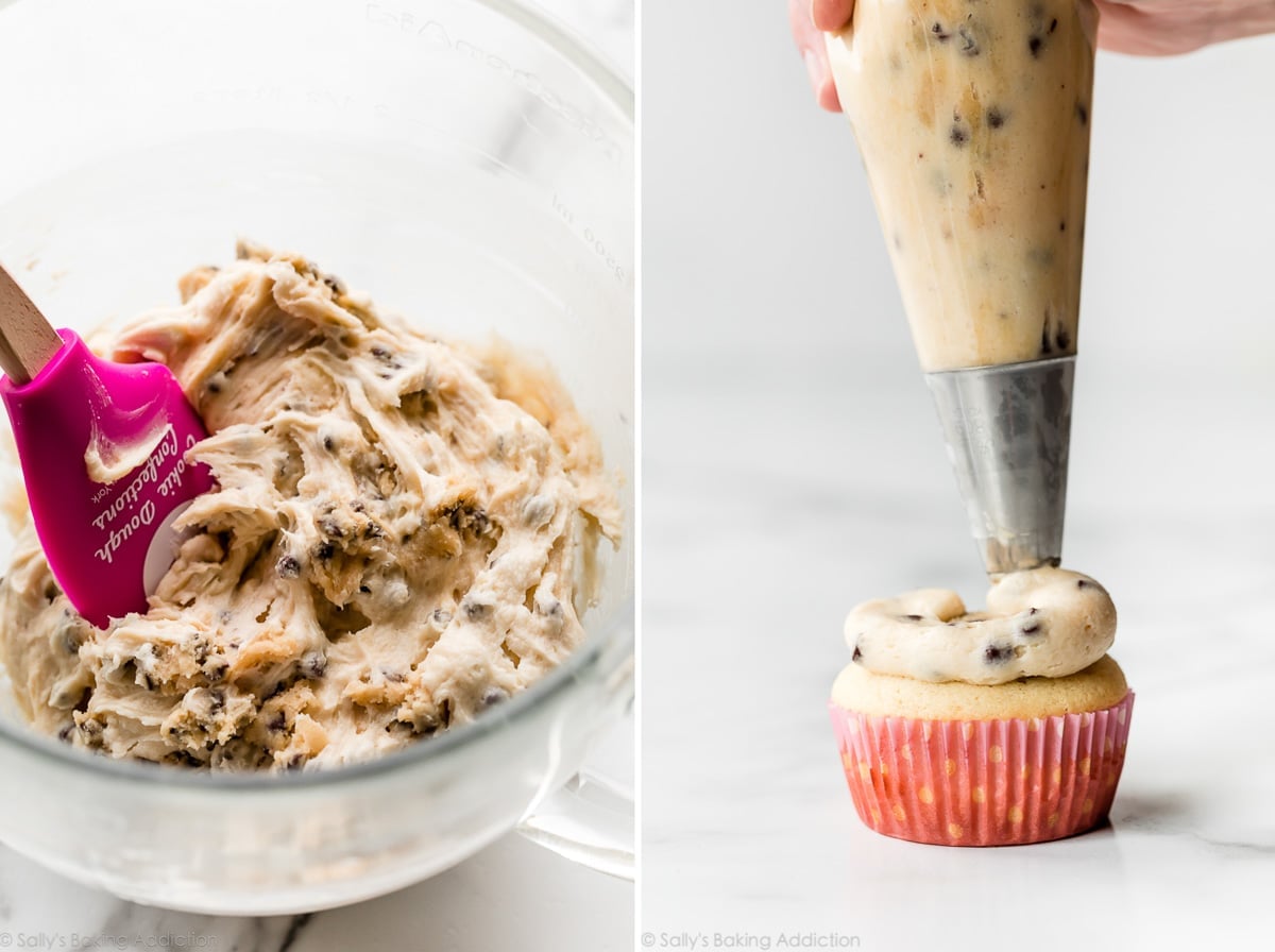 2 images of cookie dough frosting in a bowl and piping it onto a cupcake