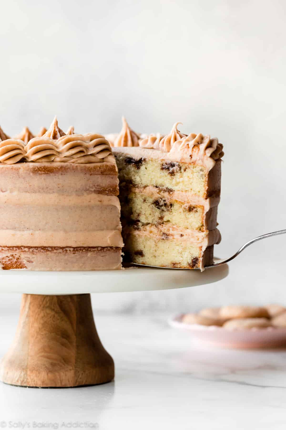 snickerdoodle cake with a slice showing