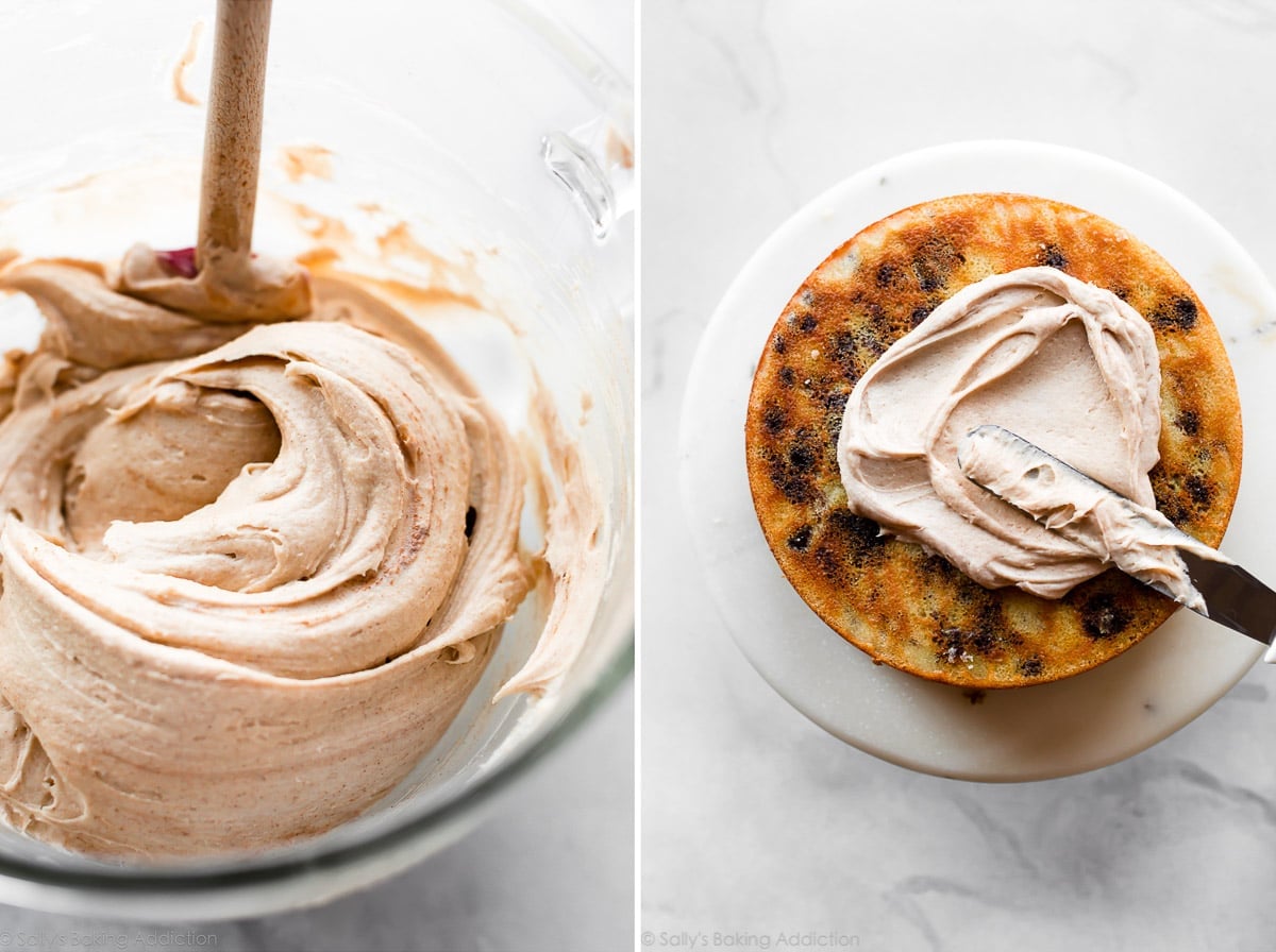 2 images of brown sugar cinnamon buttercream in a bowl and spreading buttercream on cake