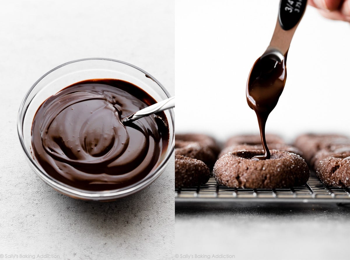 chocolate ganache in a bowl and filling chocolate thumbprints with chocolate ganache