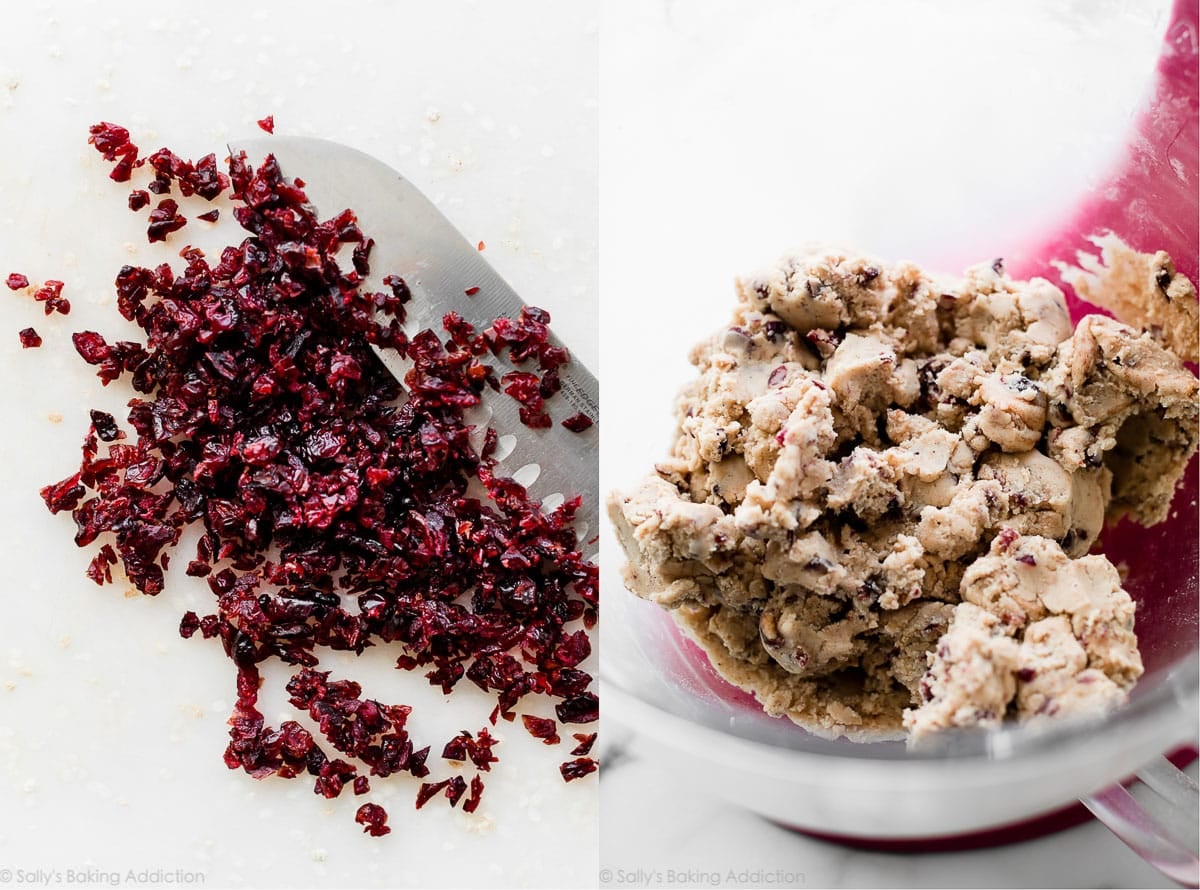 chopped dried cranberries and cranberry cookie dough in a glass bowl