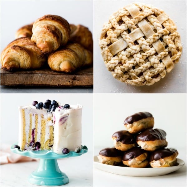 4 fun at-home baking projects including croissants, pie crust designs, vertical cake, and eclairs