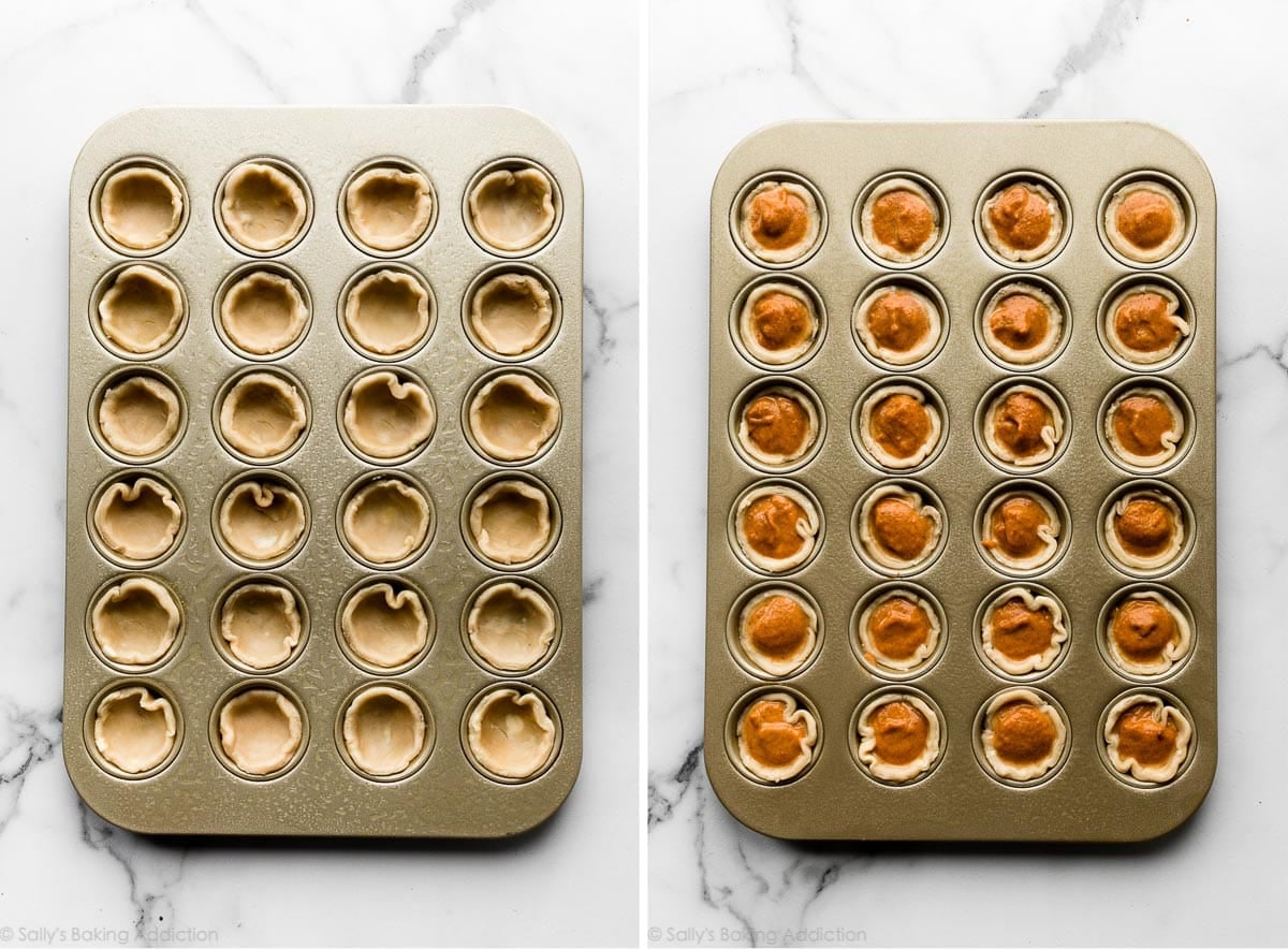 unbaked pumpkin pies shaped in a mini muffin pan