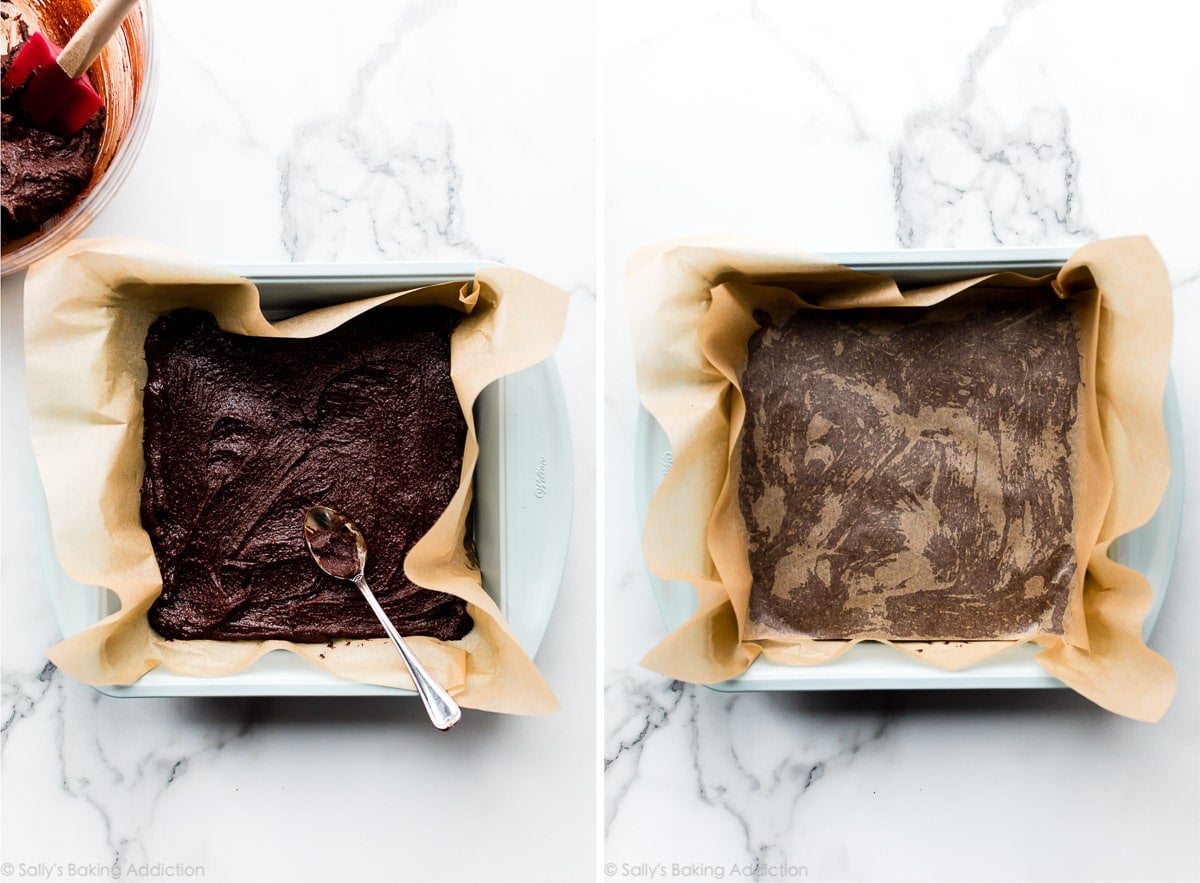 brownie batter spread into square baking pan