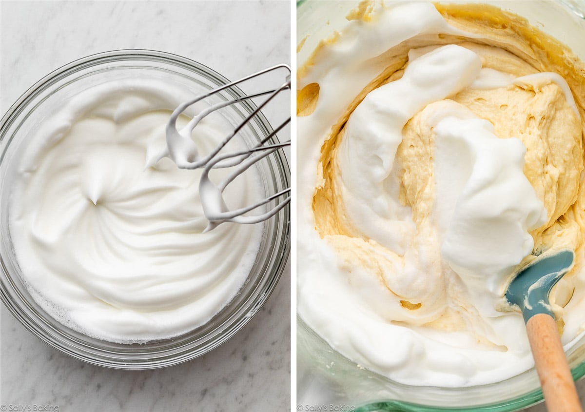 whipped egg whites in a bowl and shown again being folded into batter.