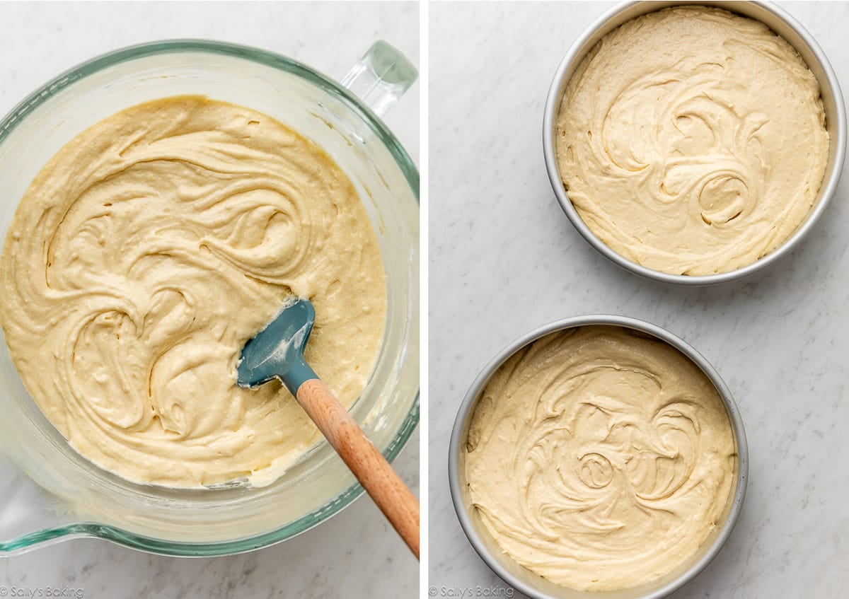 cake batter in large glass bowl and shown again in cake pans.