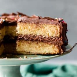 yellow layer cake with chocolate frosting