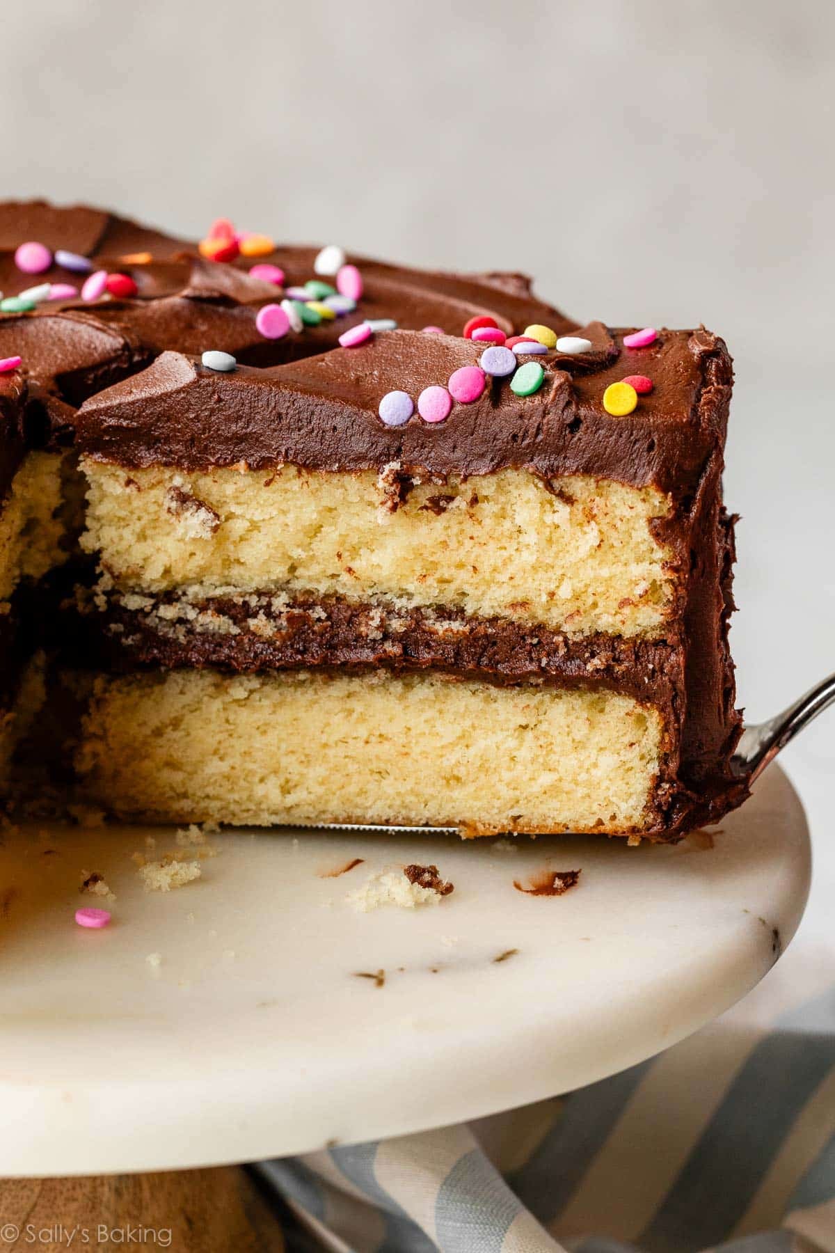 yellow cake with chocolate frosting on cake stand.